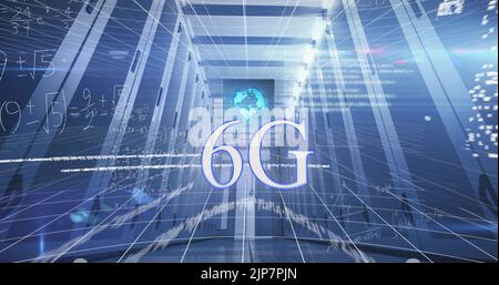 Image of 6g text, processing data and maths calculations over computer server room Stock Photo