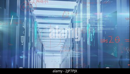 Image of processing data and maths calculations over computer server room Stock Photo