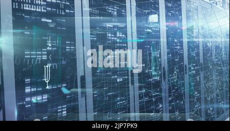 Image of processing data and maths calculations over flashing computer servers Stock Photo