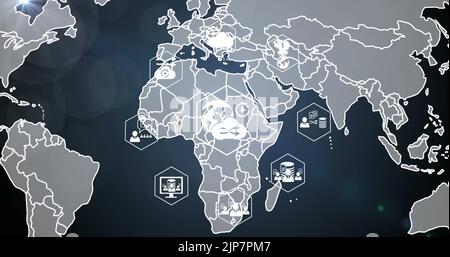 Image of multiple digital icons spinning over world map against blue background Stock Photo
