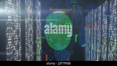 Image of fingerprint over data processing and light spots Stock Photo