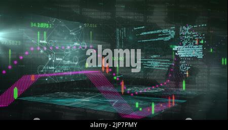 Image of chains over data processing and digital screens Stock Photo