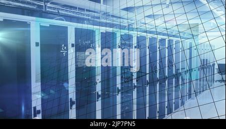 Image of processing data and maths calculations over computer server room Stock Photo