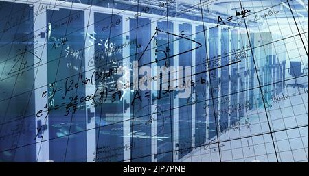Image of processing data and maths calculations over computer server room Stock Photo