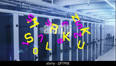 Image of letters and data processing over computer servers Stock Photo