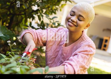 Smiling biracial young woman with short hair cutting plants with pliers in yard Stock Photo