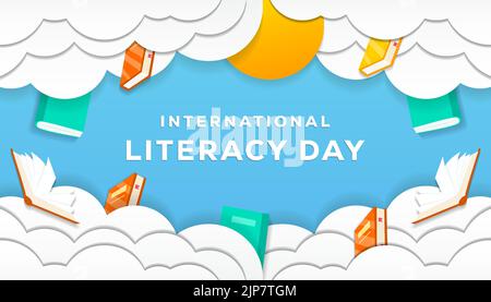 international literacy day background with ornament cloud, books, sun in cut paper style Stock Vector