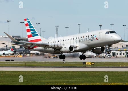 Montreal, Canada. 23rd May, 2022. An American Eagle (Republic Airways) Embraer 170-200LR landing at Montreal Pierre Elliott Trudeau International Airport. Republic Airways Inc is a regional airline that operates services as American Eagle, Delta Connection, and United Express using a fleet of Embraer 170 and Embraer 175 regional jets. It is headquartered in Indianapolis, Indiana. (Photo by Fabrizio Gandolfo/SOPA Images/Sipa USA) Credit: Sipa USA/Alamy Live News Stock Photo