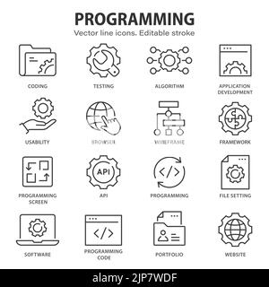 Programming line icons. Set of software, code, website, develop and more. Editable stroke. Stock Vector