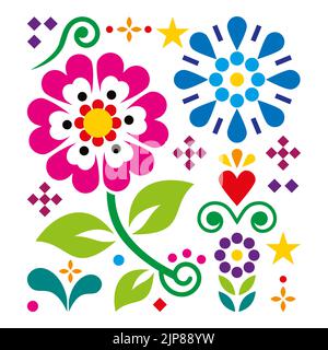 Mexican traditional folk art vector geometric pattern with flowers and leaves, inspired by designs from Mexico Stock Vector