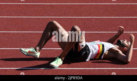 Munich 2022, Germany. 16th Aug, 2022. Belgian Michael Obasuyi reacts after the heats of the Men's 110m hurdles race, on the second day of the Athletics European Championships, at Munich 2022, Germany, on Tuesday 16 August 2022. The second edition of the European Championships takes place from 11 to 22 August and features nine sports. BELGA PHOTO BENOIT DOPPAGNE Credit: Belga News Agency/Alamy Live News Stock Photo