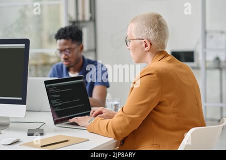 Rear view of mature woman with short hair writing codes on laptop sitting at table at office with her colleagues Stock Photo