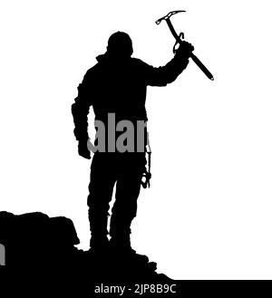 black silhouette of climber with ice axe in hand on the white background Stock Photo