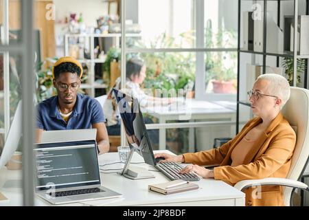 Colleagues working with software on computers sitting at table at modern office Stock Photo