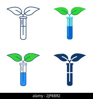 Organic chemistry concept icon set in flat and line style. Test tube with leaf branch. Bioengineering, biotechnology. Vector illustration. Stock Vector