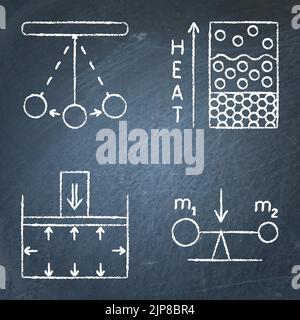 Physics icon set on chalkboard. Pendulum oscillation, aggregate states of matter, pressure force and center of mass symbols. Vector illustration. Stock Vector
