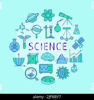 Science round poster in colored line style. Banner with scientific elements. Vector illustration. Stock Vector