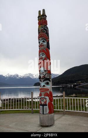 Totem Pole Haines is a census-designated place located in Haines Borough, Alaska, United States. It is in the northern part of the Alaska Panhandle, n Stock Photo