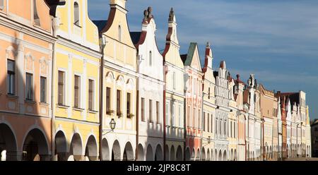 View from Telc town square with renaissance and baroque colorful houses, UNESCO town in Czech Republic Stock Photo