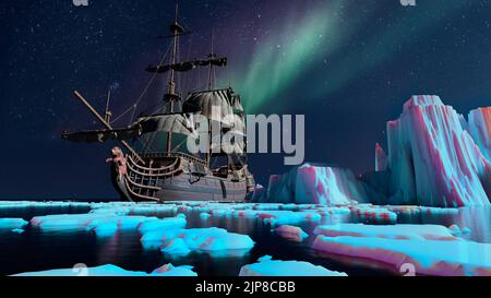 old dutch ship in the ice of the arctic northern lights. 3d render Stock Photo