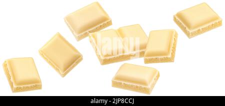 White milk chocolate pieces isolated on white background Stock Photo