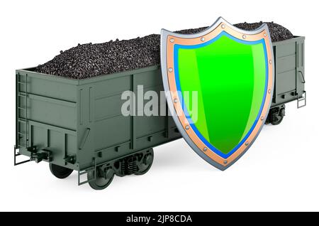 Mineral wagon with coal with shield, 3D rendering isolated on white background Stock Photo