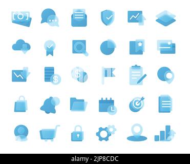 Glassmorphism business strategy icons. Financial management, marketing and planning. Achieving target, communication, data security, income growth and fall signs set isolated on white vector Stock Vector