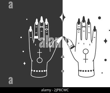 Witch hands. Boho witchcraft tarot poster. Spiritual feminine arms with accessory, female and male symbols. Sacred tattoo, fortune telling or prediction. Mystery or astrology signs Stock Vector