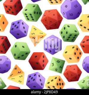 Dice pattern. Seamless print of gambling and role playing board game dices of various sides. Vector polyhedral gaming accessory texture. Different dice shapes with random numbers, fortune concept Stock Vector