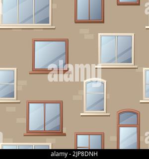 Facade with windows pattern. Seamless print of building wall with cartoon various windows. Vector cartoon texture of house facade. Architecture exterior with glossy glass in frames Stock Vector