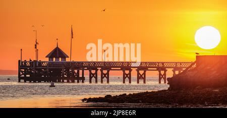 Sunrising over the silhouette of a pier on the isle of wight with birds flying Stock Photo