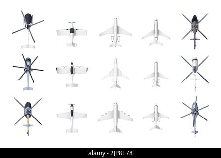 Planes and helicopters top view. Cartoon military and civil aviation aircraft, passenger and cargo airplane and helicopter models collection. Vector set. Flying vehicles for logistic Stock Vector
