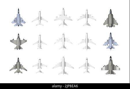 Civil and military aircraft top view. Cartoon jet fighters and civil aviation cargo and passenger airplanes, monoplanes and biplanes top view of plane models. Vector set. Transportation and logistic Stock Vector
