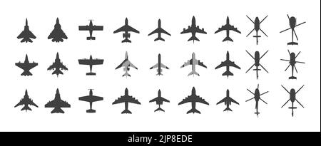 Black airplanes top view. Military jet fighter and civil aviation cargo and passenger planes silhouette icons aerial view. Vector overhead look of airplane set. Small and large flying vehicles Stock Vector