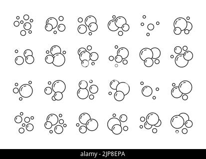 Soap bubbles line icons. Oxygen outline logo, water foam balls logo for fizzy drinks and shower gel. Vector airy champagne or soapy balls isolated collection. Gas spheres from washing chemicals Stock Vector