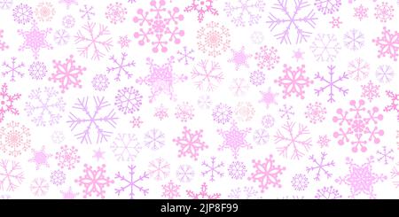 Beautiful seamless Christmas background with various pink complex big and small snowflakes on white. Modern flat design. Winter infinite Holiday Wallp Stock Vector