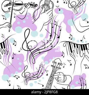 Seamless pattern of hands with musical instruments, hand-drawn doodle. Ukulele. Violin. Piano. Abstract line and spots. Violin key. A little guitar. F Stock Vector