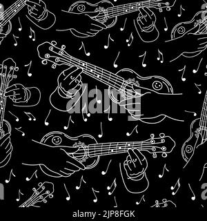Seamless pattern of hands with guitar, hand-drawn doodle. Ukulele. Small guitar. Flying notes. Music. Inspiration. Fingering Stock Vector