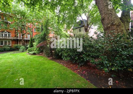 A lush green lawn and manicured landscaping at the intimate, neighborhood  Mount Street Gardens. In the Mayfair area in  London, England, United Kingd Stock Photo