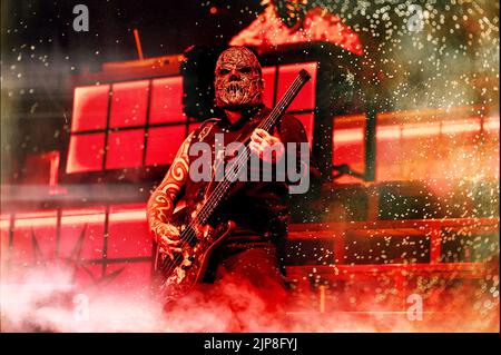 Malmoe, Sweden. 15th Aug, 2022. The American heavy metal band Slipknot performs a live concert at Malmö Arena in Malmoe. Here bass player Alessandro Venturella is seen live on stage. (Photo Credit: Gonzales Photo/Alamy Live News Stock Photo