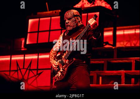 Malmoe, Sweden. 15th Aug, 2022. The American heavy metal band Slipknot performs a live concert at Malmö Arena in Malmoe. Here bass player Alessandro Venturella is seen live on stage. (Photo Credit: Gonzales Photo/Alamy Live News Stock Photo