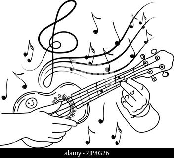 Concept of inspired ukulele playing, hand-drawn doodle. Little guitar. Hawaii. Flying notes. Music. Inspiration. Finger-picking. Isolated vector illus Stock Vector