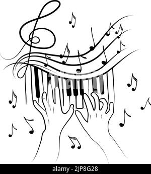 The concept of inspired piano playing, a hand-drawn doodle. Keys. Violin key and flying notes. Music. Inspiration. The pianist's hands. Isolated vecto Stock Vector