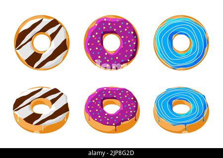 Sweet colorful tasty donut set isolated on white background. Glazed doughnut top view and 3d collection for cafe decoration or menu design. Chocolate purple and blue pastry bakery. Vector illustration Stock Vector
