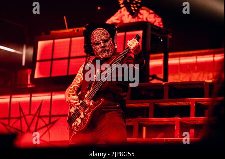 Malmoe, Sweden. 15th Aug, 2022. The American heavy metal band Slipknot performs a live concert at Malmö Arena in Malmoe. Here bass player Alessandro Venturella is seen live on stage. (Photo Credit: Gonzales Photo/Alamy Live News Stock Photo