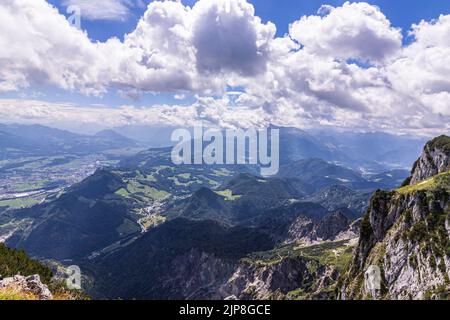 Untersberg is the northernmost massif of the Berchtesgaden Alps, a prominent spur straddling the border between Berchtesgaden, Germany and Salzburg, Stock Photo