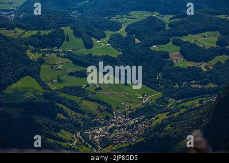 Untersberg is the northernmost massif of the Berchtesgaden Alps, a prominent spur straddling the border between Berchtesgaden, Germany and Salzburg, Stock Photo