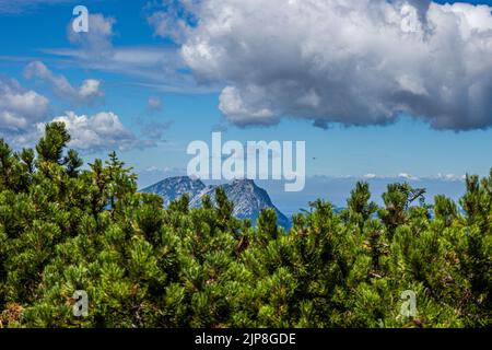 Untersberg is the northernmost massif of the Berchtesgaden Alps, a prominent spur straddling the border between Berchtesgaden, Germany and Salzburg, Stock Photo