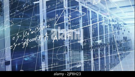 Image of processing data and maths calculations over computer server room Stock Photo