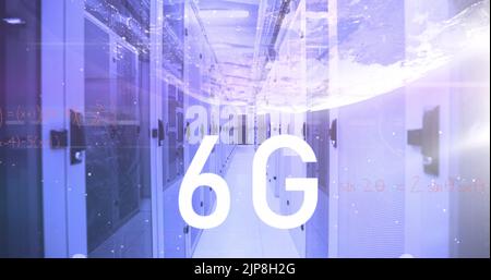 Image of 6g text, globe and maths calculations over computer server room Stock Photo